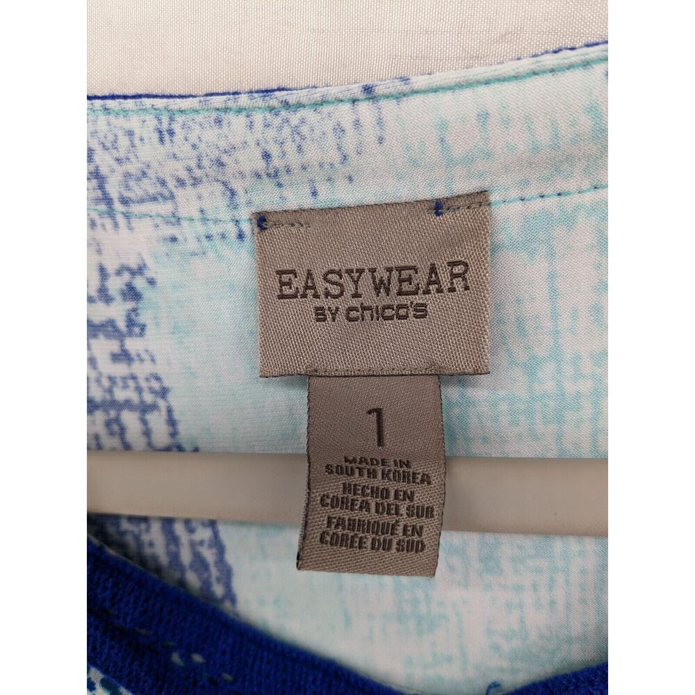 Easywear by Chico Short Sleeve Blouse M Blue Abstract Print Trimmed Table Art‎ - Picture 5 of 11